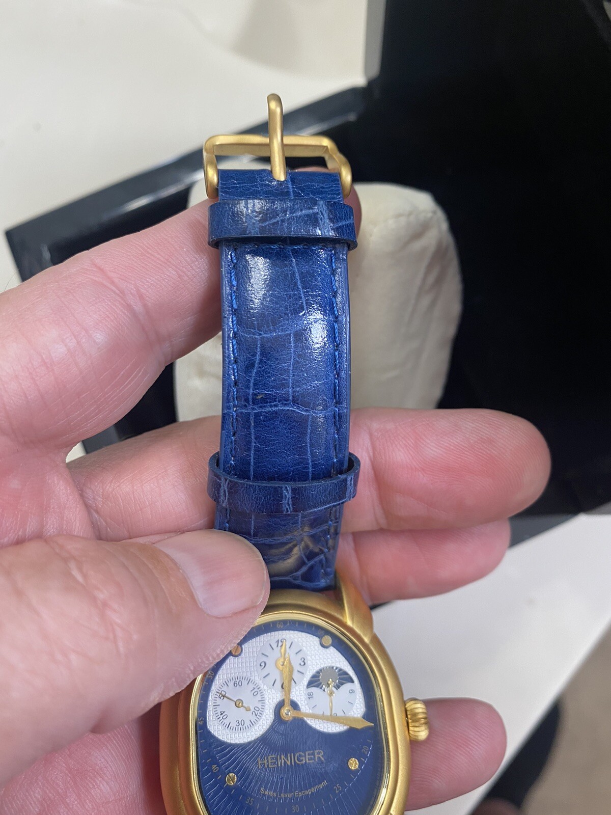 Heiniger Mechanical Watch Swiss Lever Escapement Brass Housing Blue Leather band
