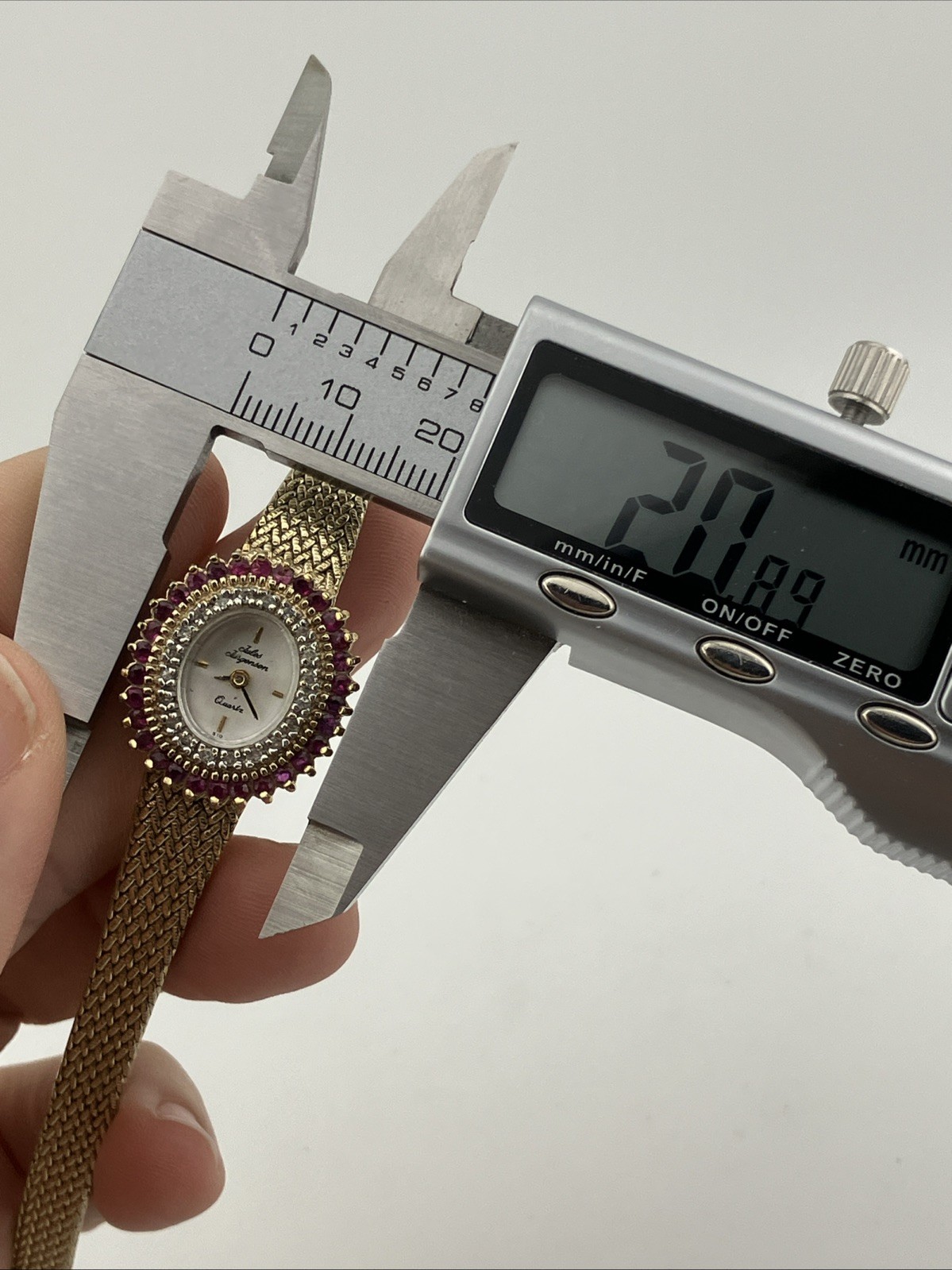Vtg Jules Jurgensen Ladies 20mm Watch Gold Tone Diamon & Ruby Bezel Adjust -RUNS