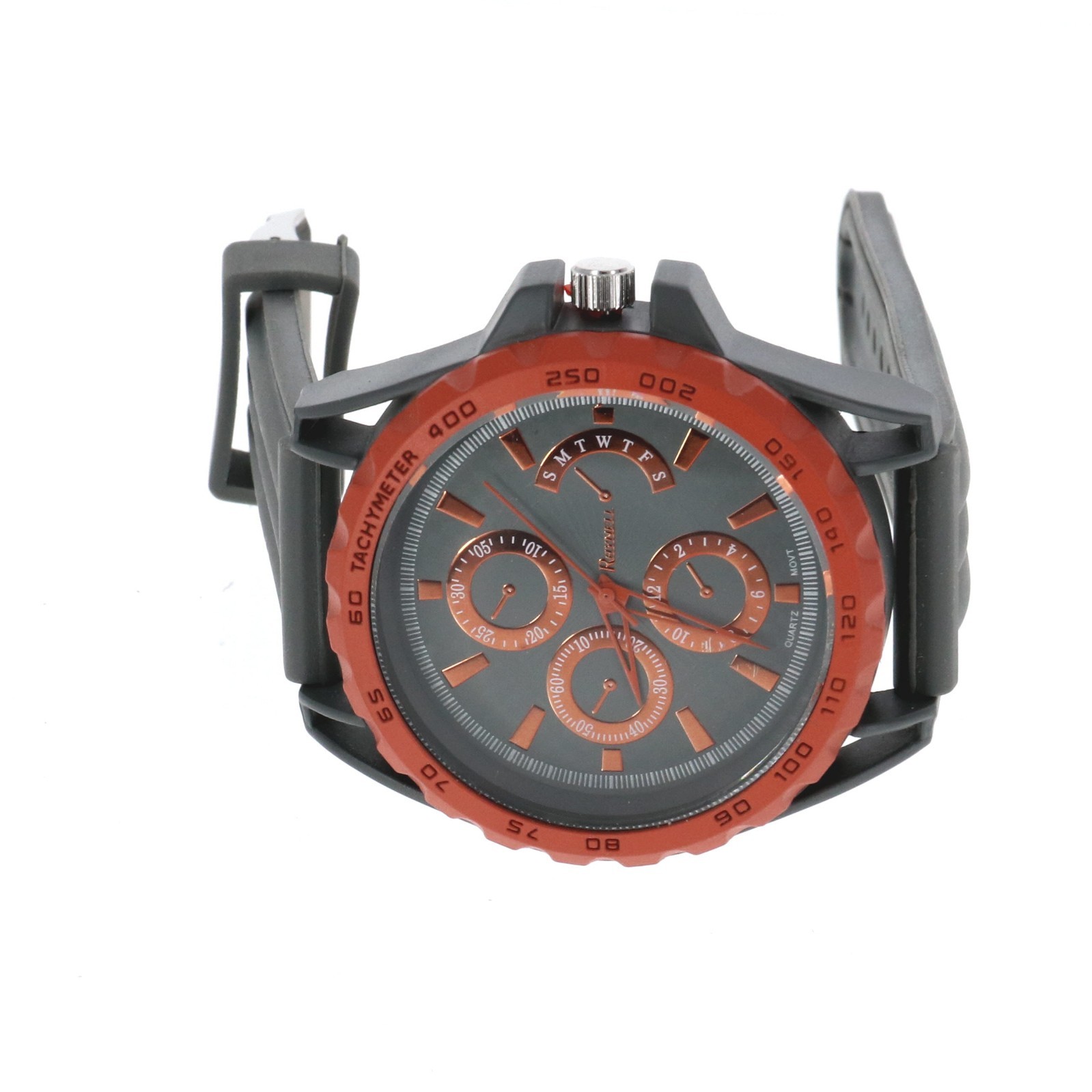 Raynell Chronograph Style Gray Dial , Orange & Grey Oversize Bezel Silicone Band