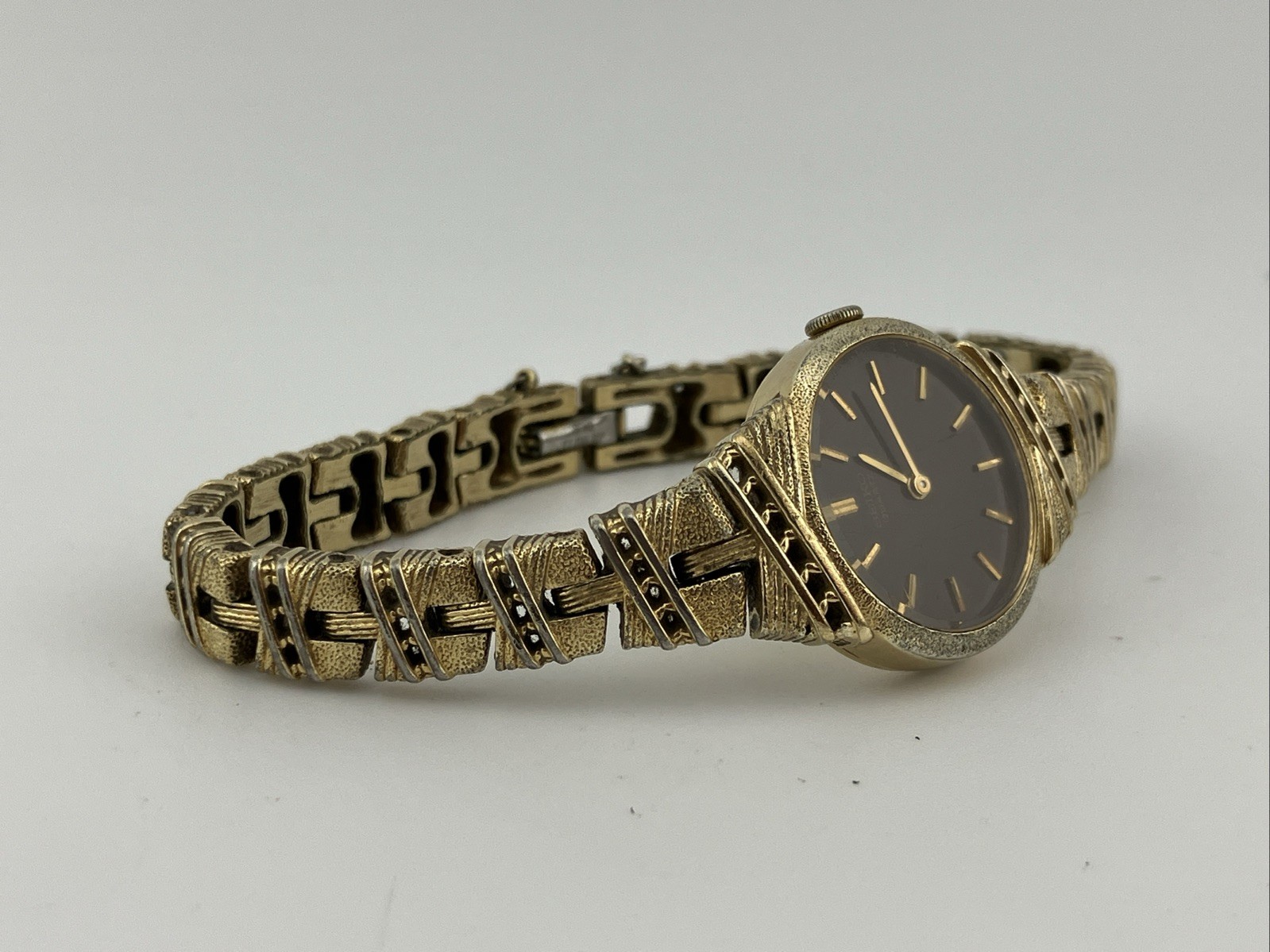 Vtg Seiko Ladies 20mm Watch Gold Tone Dark Brown Dial 6″ 1400-6960 -RUNS