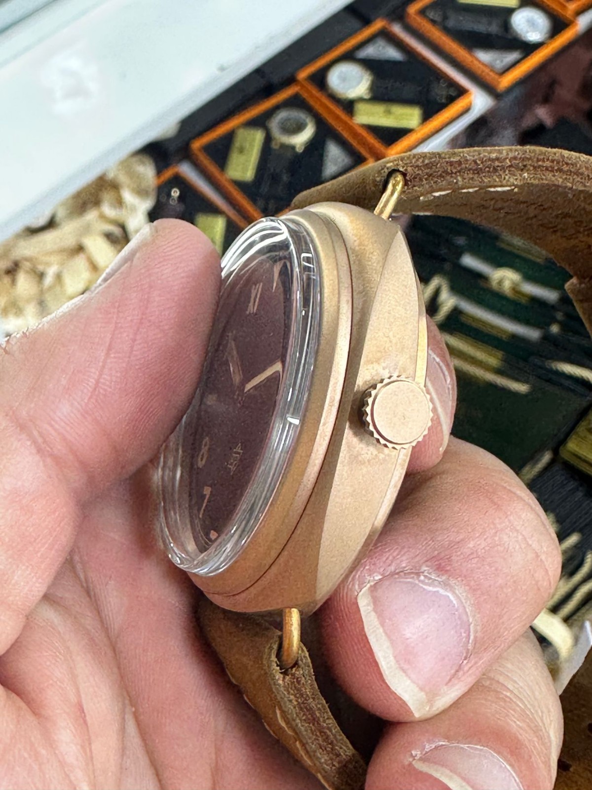44mm Manual Wind Mechanical Watch Bronze Case Black Dial Suede Strap New