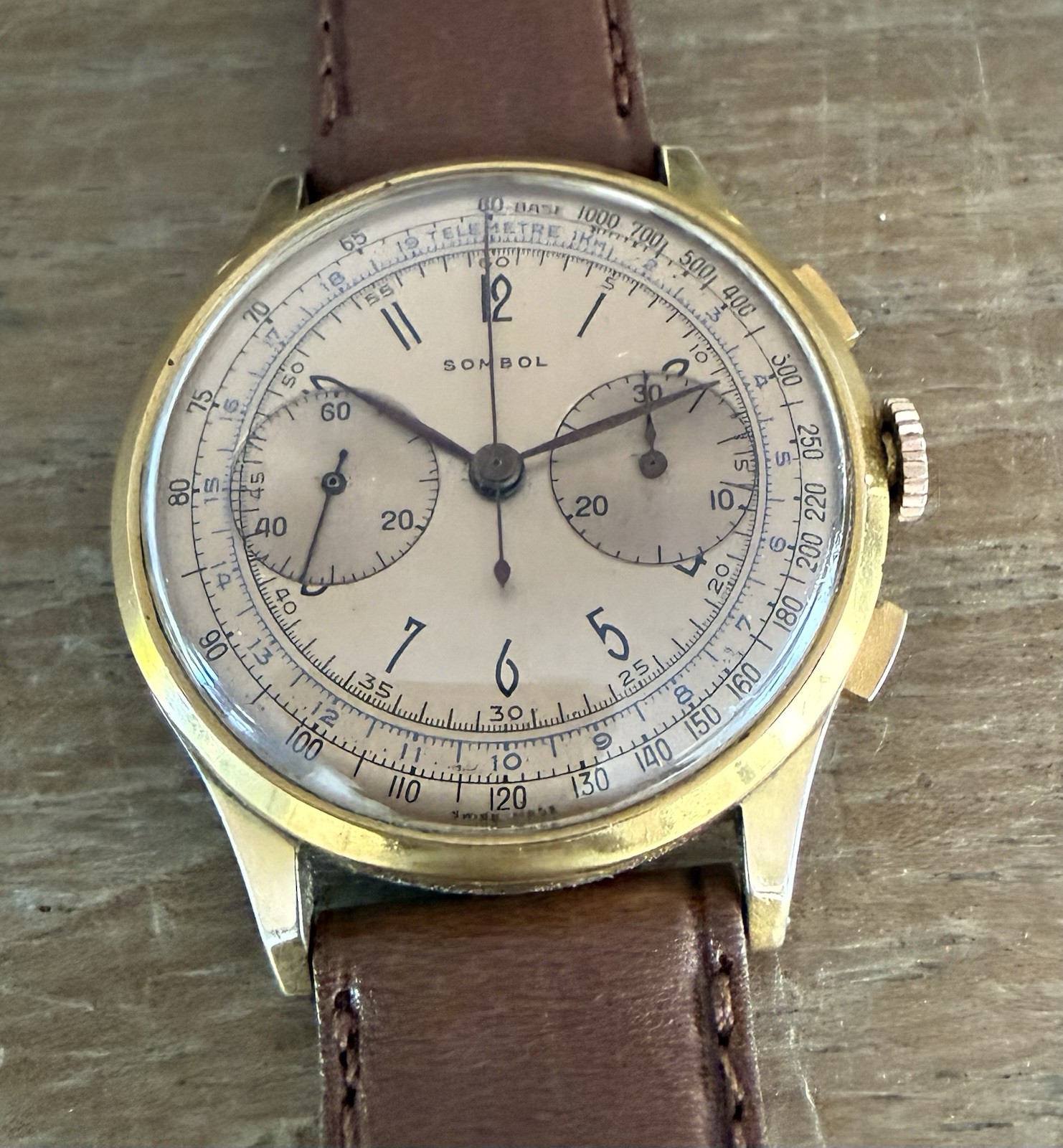 Vintage 1940s Sombol Chronograph Landeron Blue Telemeter Tachymeter Watch