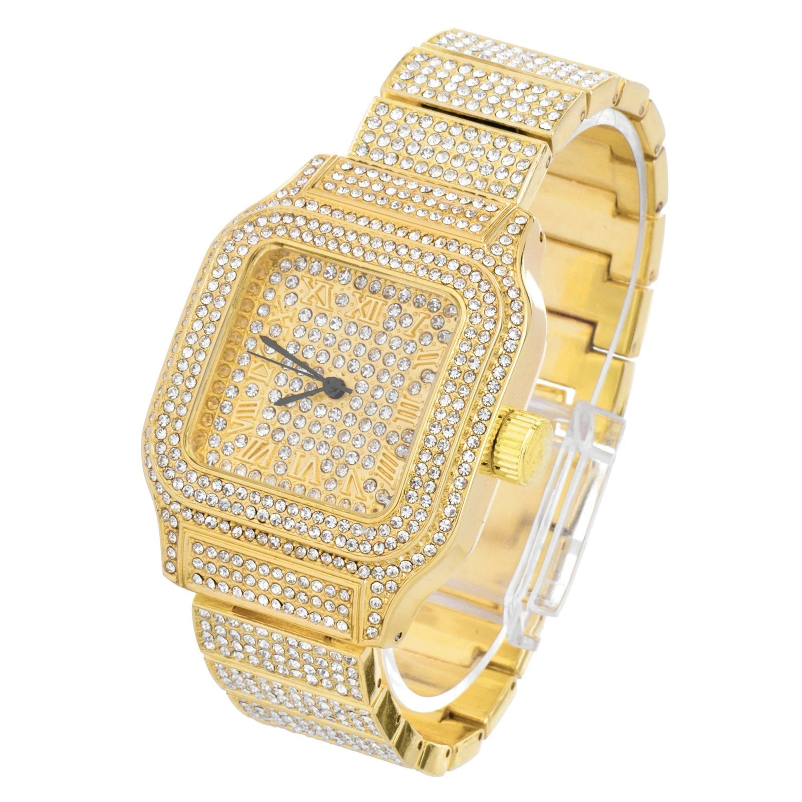 Men’s Gold Plated Bust Down Iced Square Metal Band Watch Luxury Hip Hop Bling