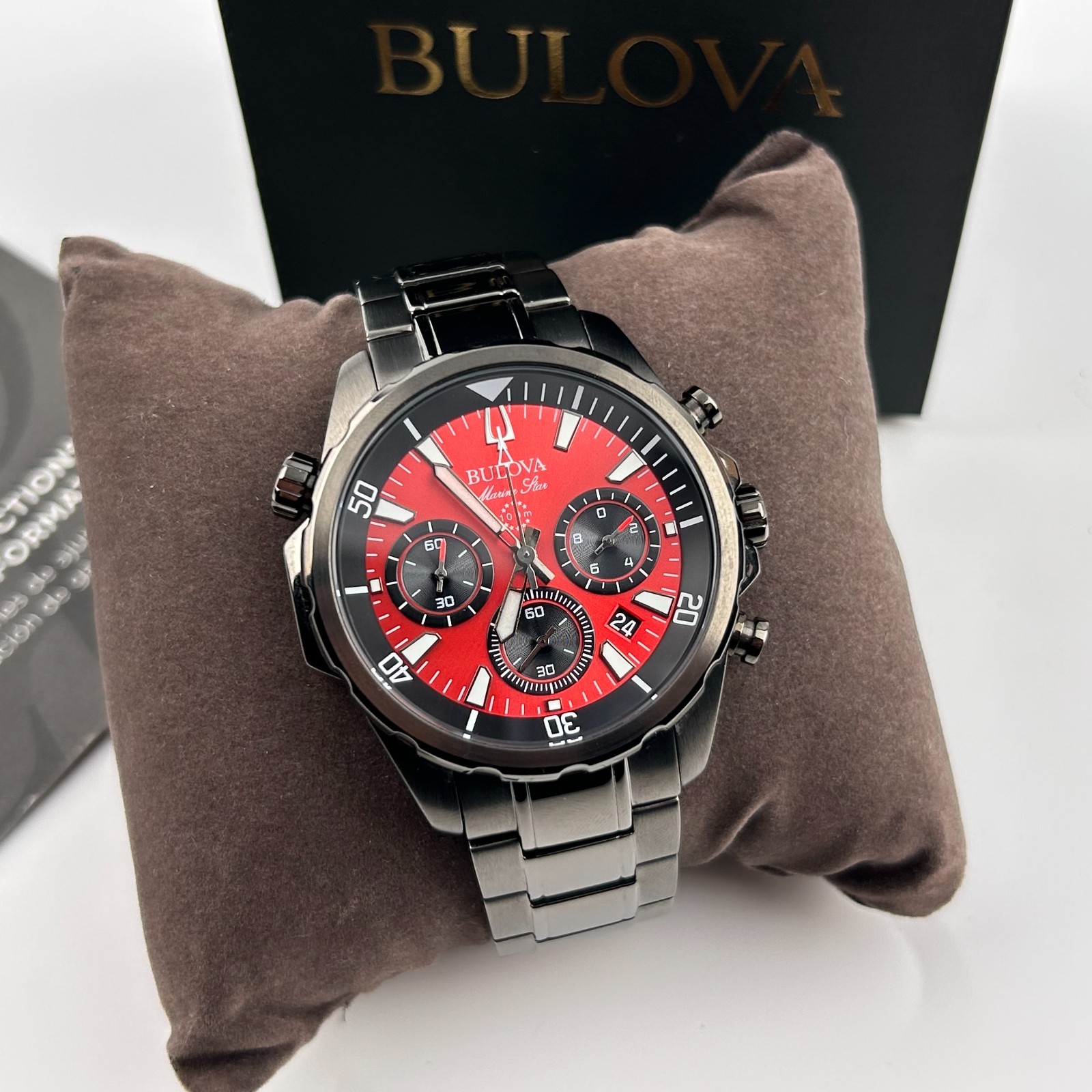 Bulova Marine Star 98B350 Red Dial Chronograph Men’s Quartz Watch 43MM New/Box