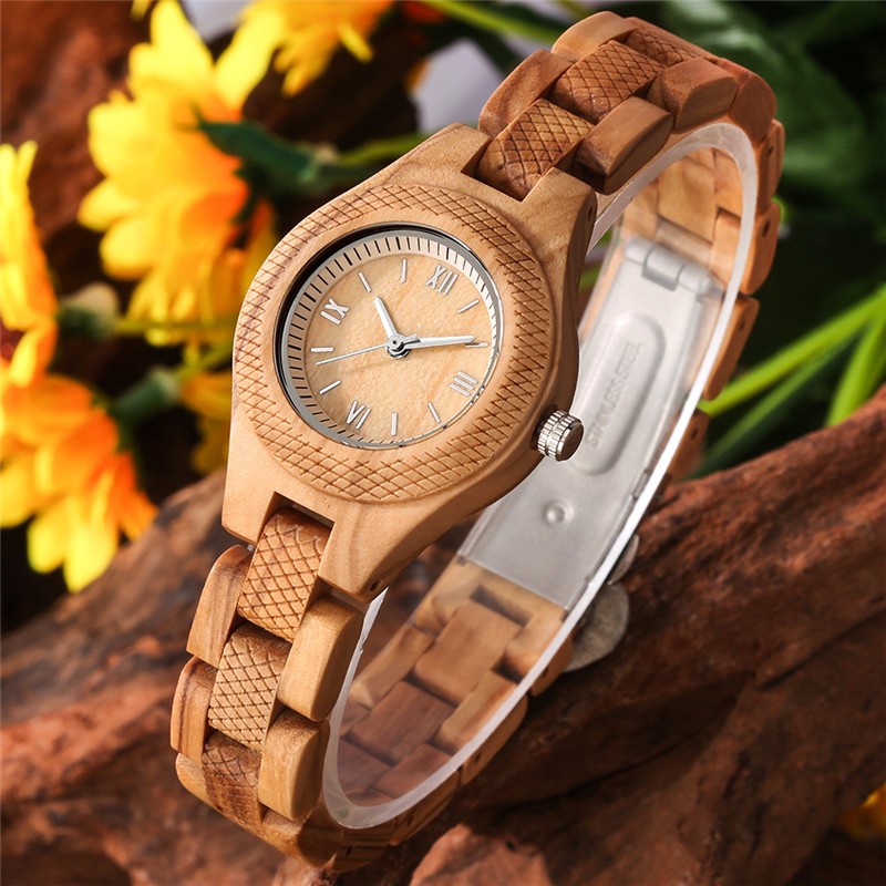 Trendy Vintage Watch for Women Unique Full Wooden Band & Folding Clasp Quartz