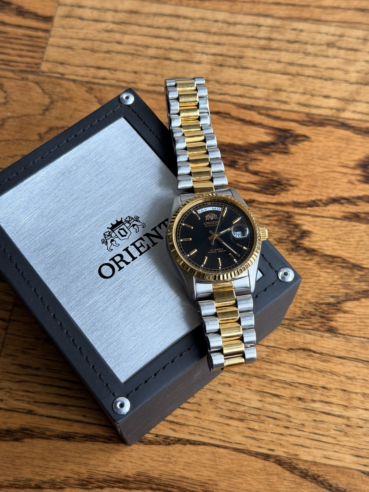 Orient President Automatic Day-Date Two-Tone 36mm Black Dial Box Papers