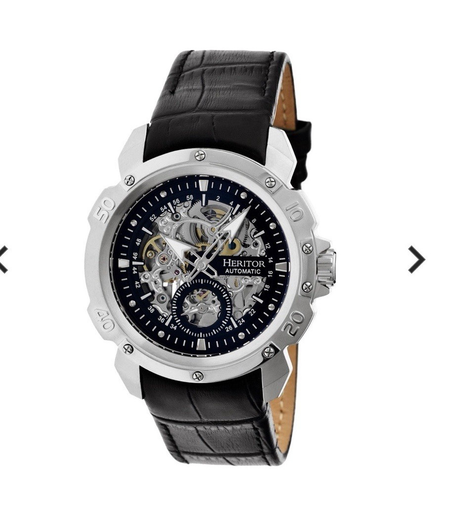 HERITOR Automatic Skeleton Watch Black Leather Strap Silver Case 46mm