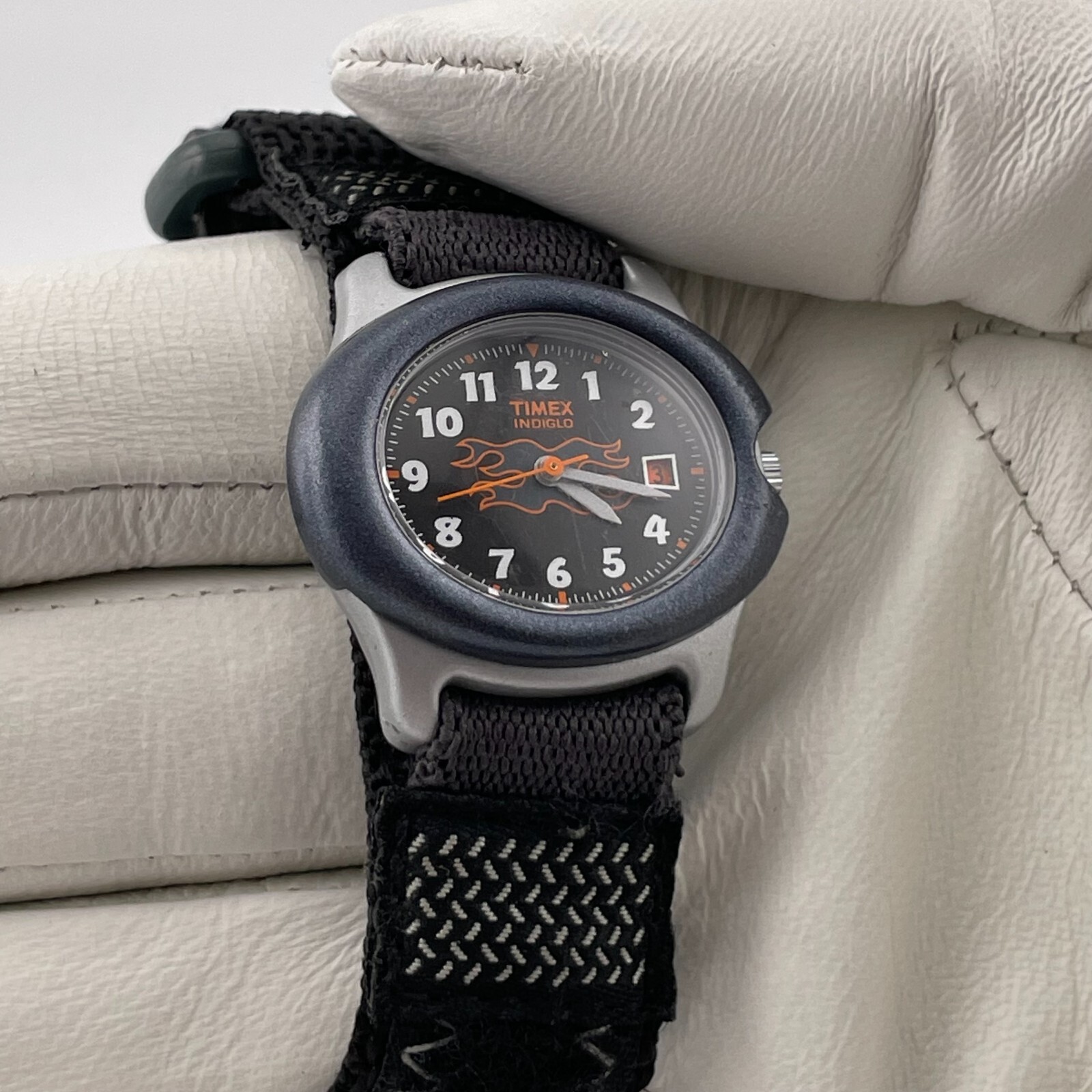 Timex Indiglo Watch Vintage Date Flames 31mm Case One Piece Nylon Strap Quartz