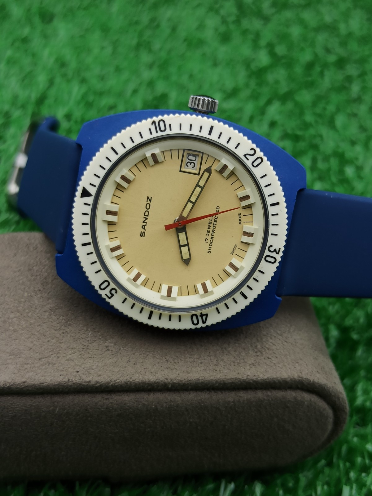 HYPER-RARE SANDOZ INCABLOC JUMBO DIVER BLUE WATCH MECHANICAL SWISS 1970s