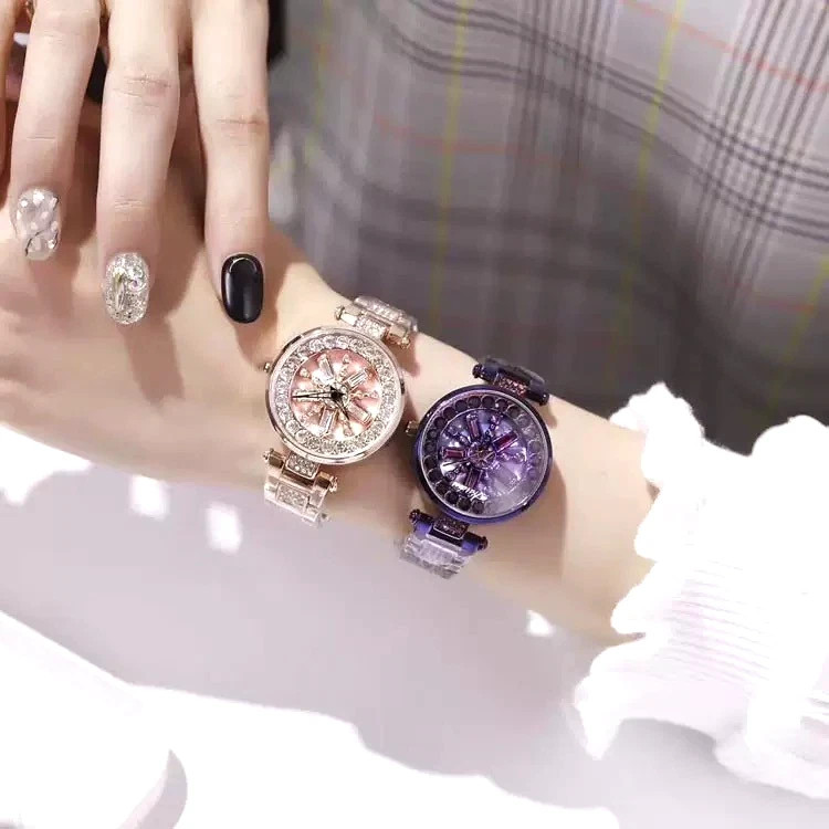 DKY Ladies Wrist Watches Stainless Steel Movable Dial Wristwatch Full Diamonds
