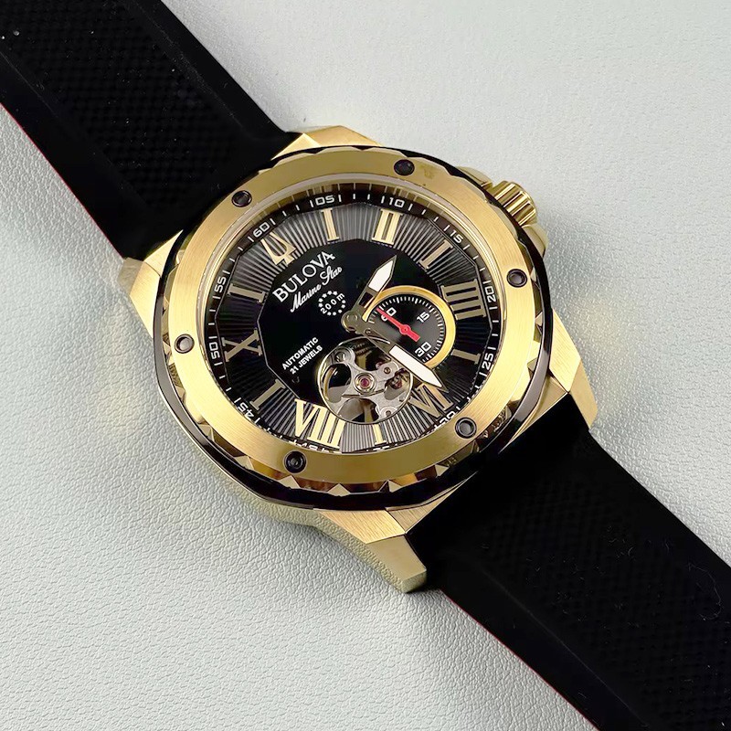 Bulova 98A272 Marine Star Automatic Men’s Watch Black Gold Dial Rubber Strap