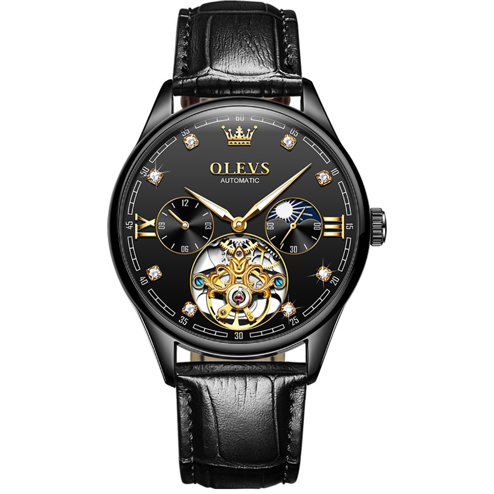OLEVS 3601 Luminous Luxury Genuine Leather Strap Business Gents Automatic Watch