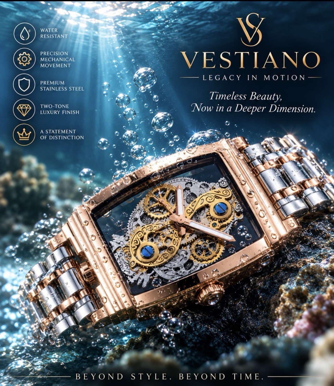 VESTIANO Luxury Two-Tone Men’s Watch | Rose Gold & Silver Stainless Steel |