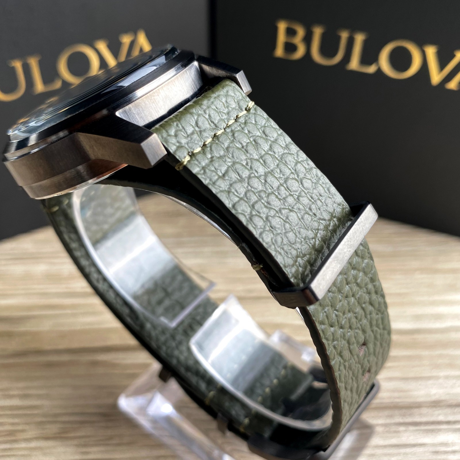 Bulova Hack 98A255 Black Dial Green Leather Strap Automatic Men’s Watch