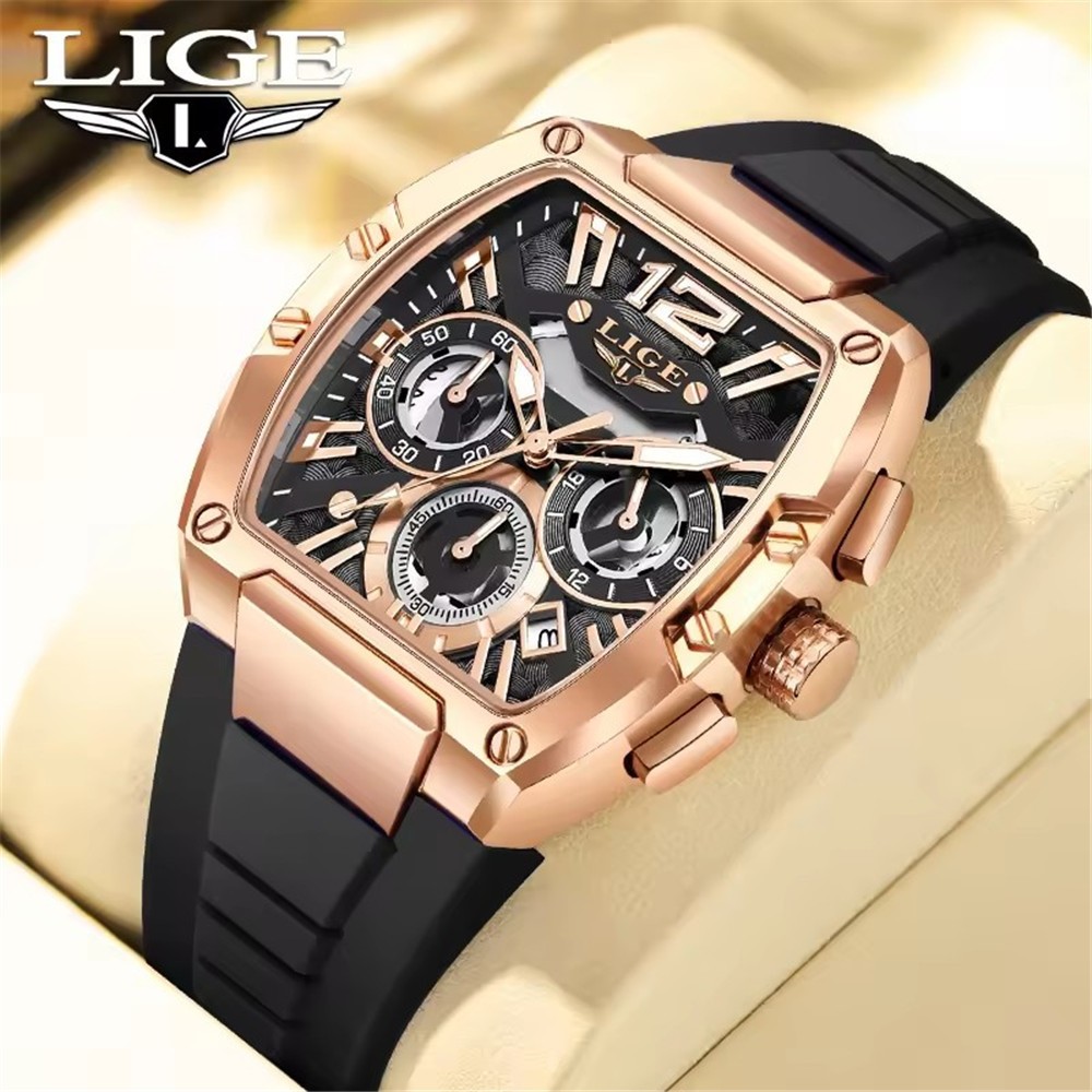 LIGE Men Rectangle Watch Big Dial Chronograph Wristwatch Boy Outdoor Sport Watch