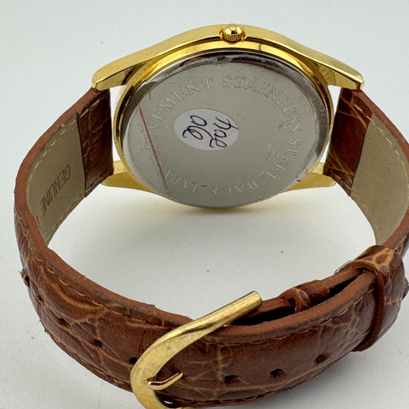 Unknown Logo Quartz Watch Men Gold Tone Brown Leather Japan Analog New Battery