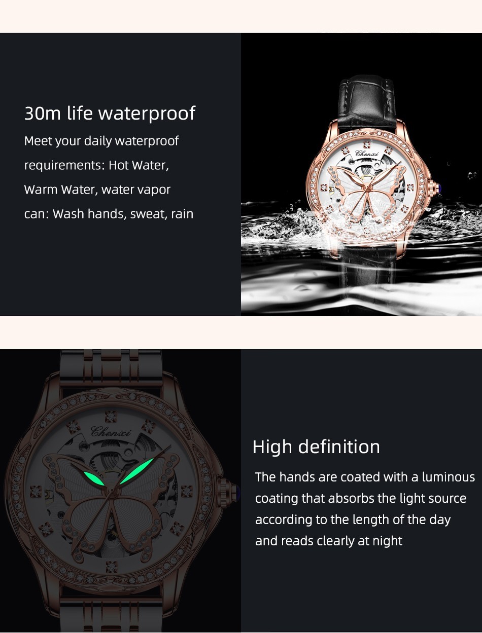 CHENXI Women’s Butterfly Dial Hollow Out Zircon Automatic Mechanical Wristwatch