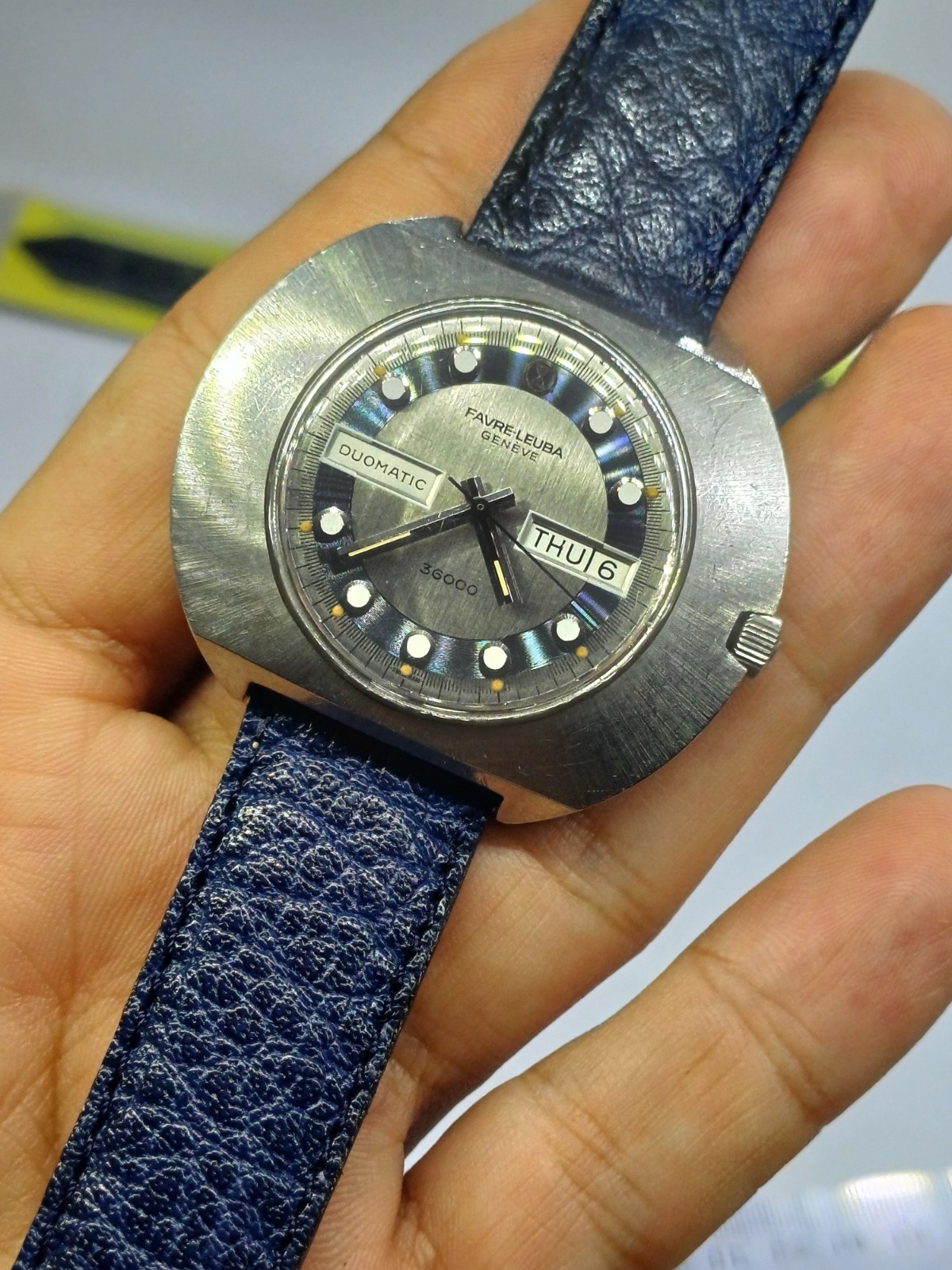RARE FAVRE LEUBA 36000 HIGH BEAT UFO DUOMATIC MENS BLUE AUTOMATIC WATCH 45MM 21J