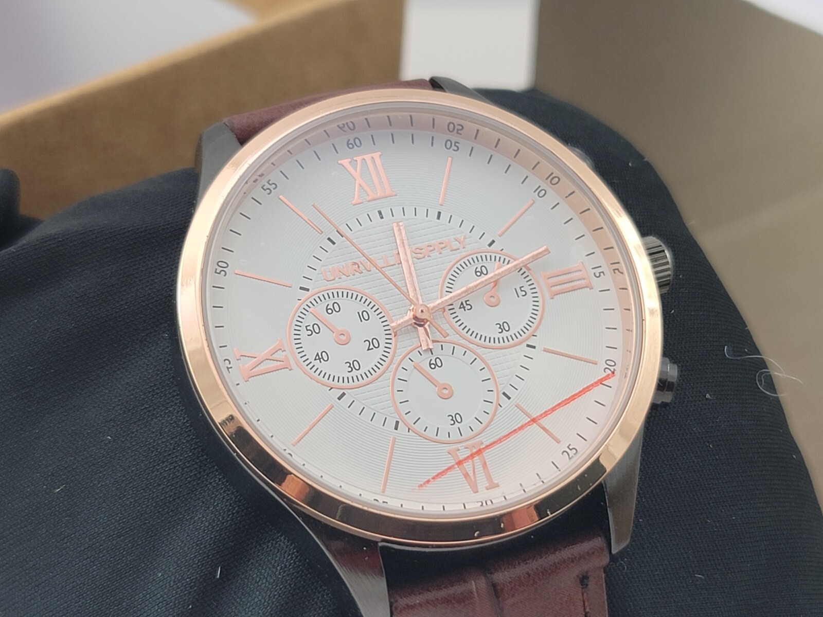 Unrvlld/Spply Watch by ASOS White, 42mm Rose Gold, Brown Leather Strap