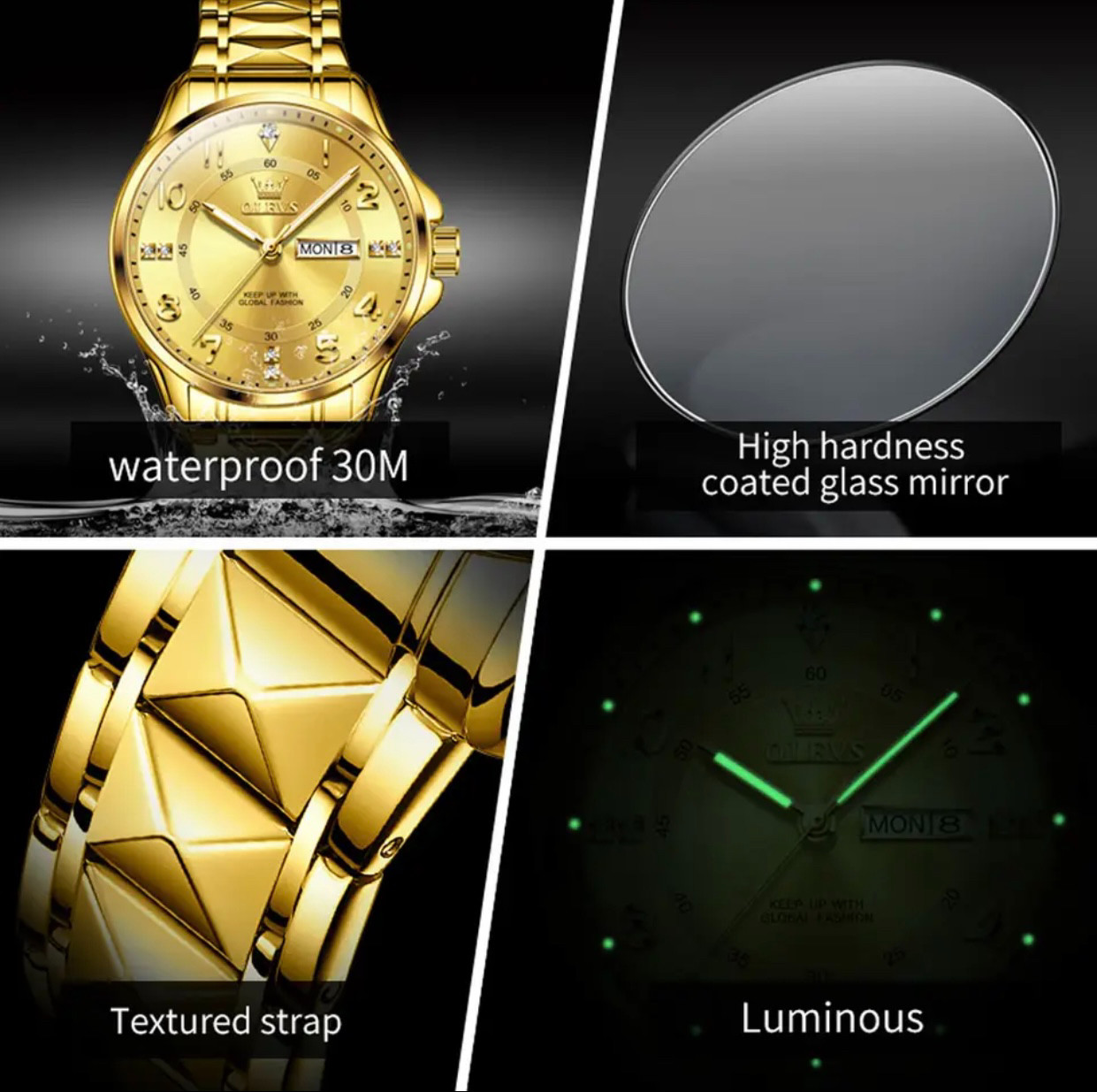 OLEVS Quartz Watch for Men Luxury Diamond Luminous Stainless Steel New Golden