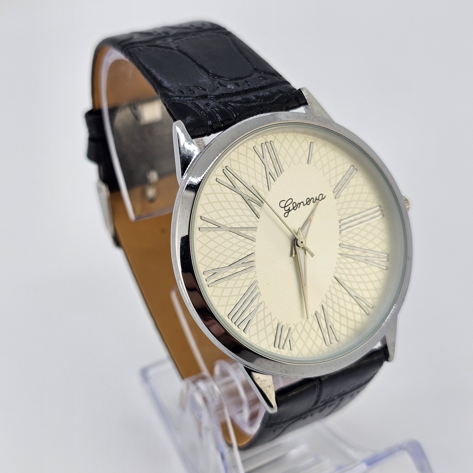 42MM Men’s Watch Roman Numerals Tan Dial Black Leather Bands New Battery
