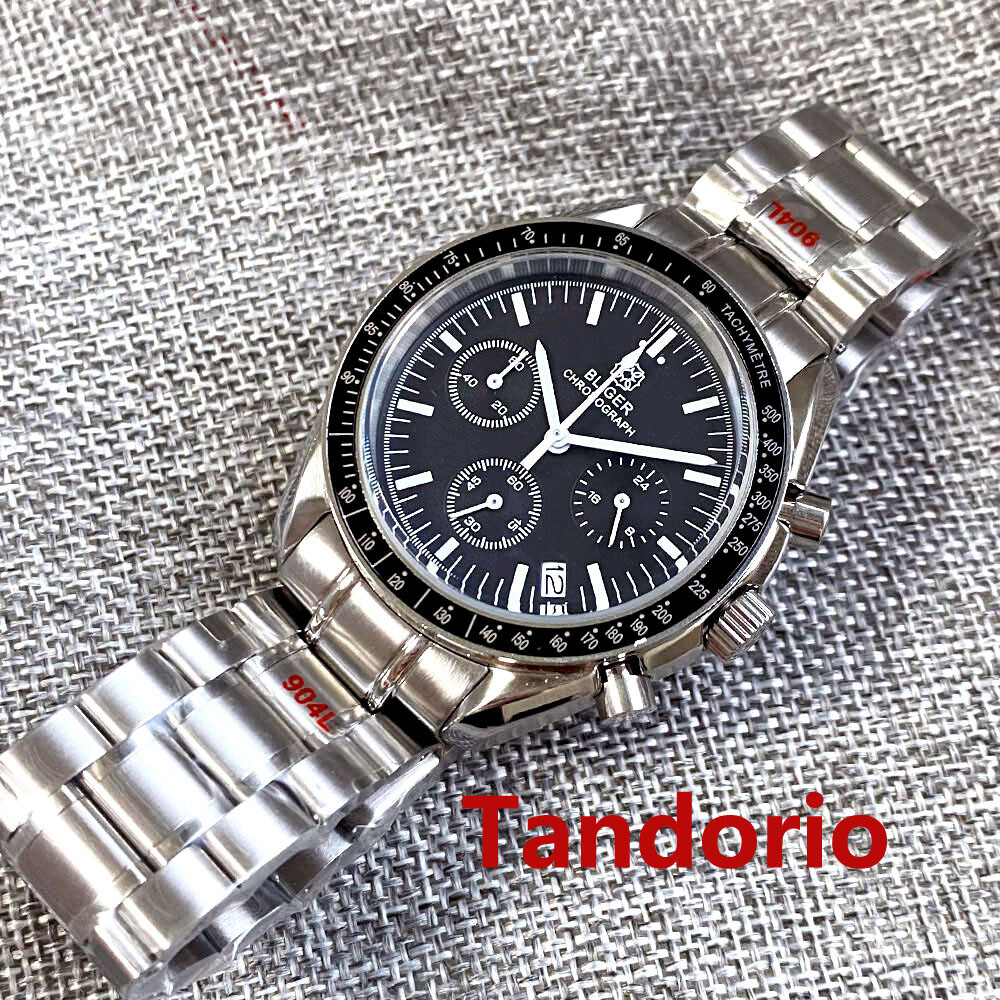 Bliger 40mm Quartz Full Functional Chronograph Watch Black Dial Folding Clasp