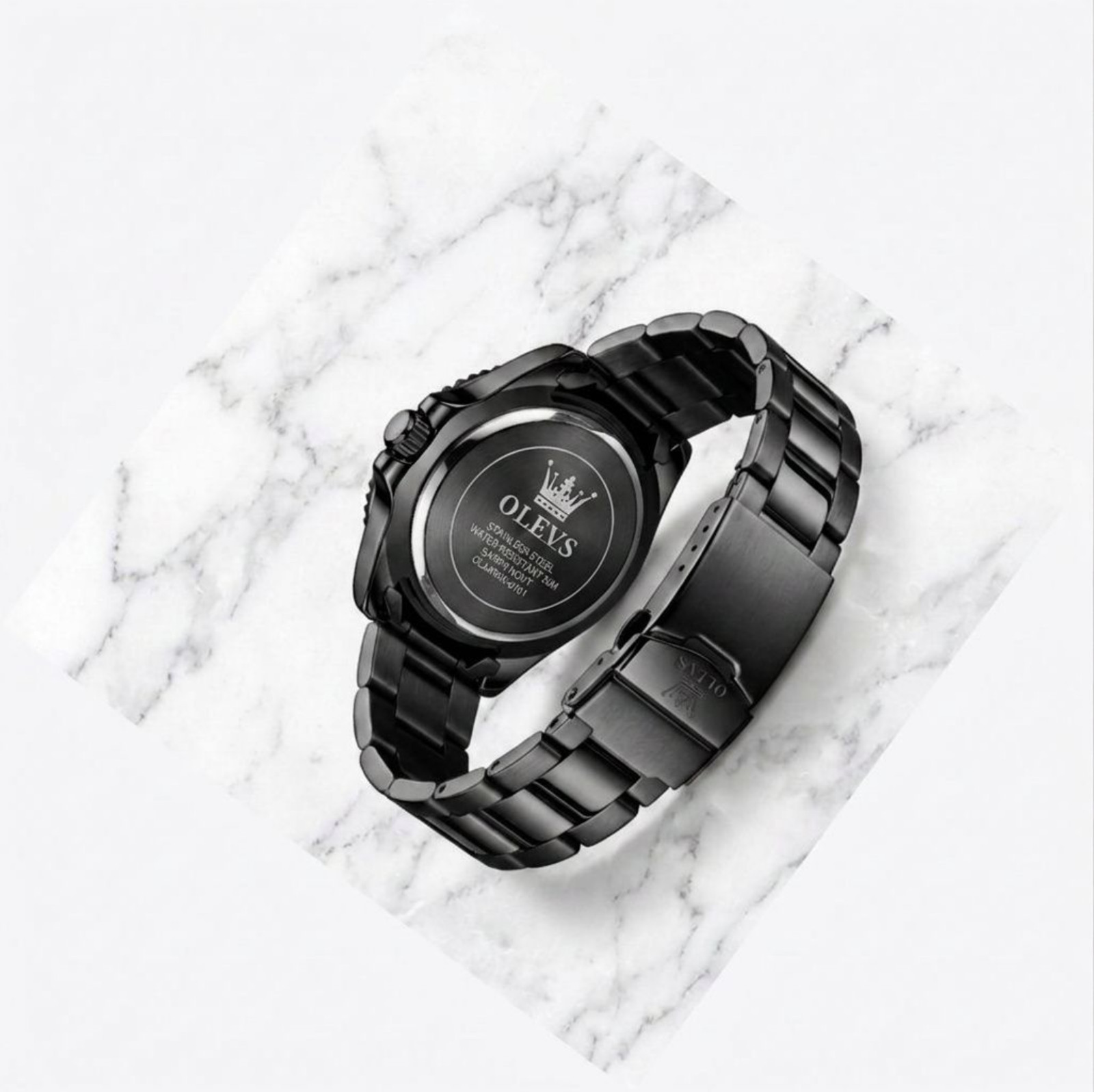 Men’s Waterproof Diver Quartz Black Dial Bracelet Date Watch Gold Bezel Olevs