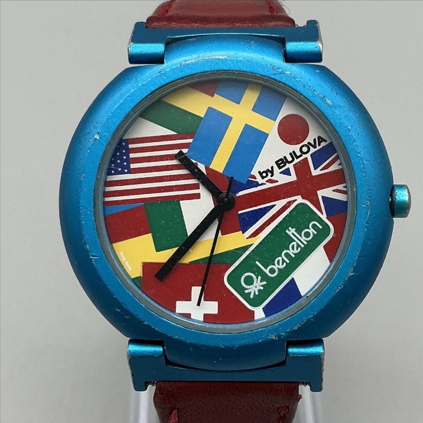 Vintage Benetton By Bulova Mens Watch 39mm Flags Dial Blue Case New Battery