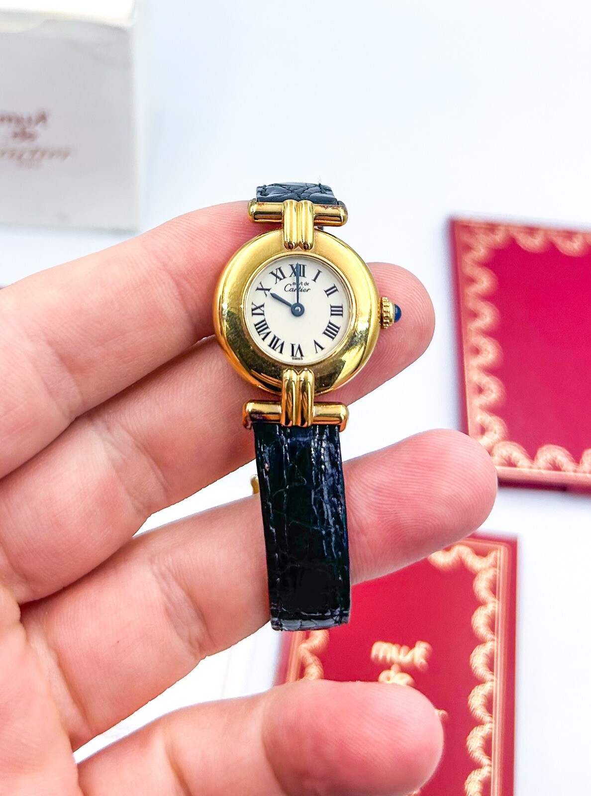 Vintage Must De Cartier Vermeil Quartz Argent 925 Leather Strap Watch Ladies