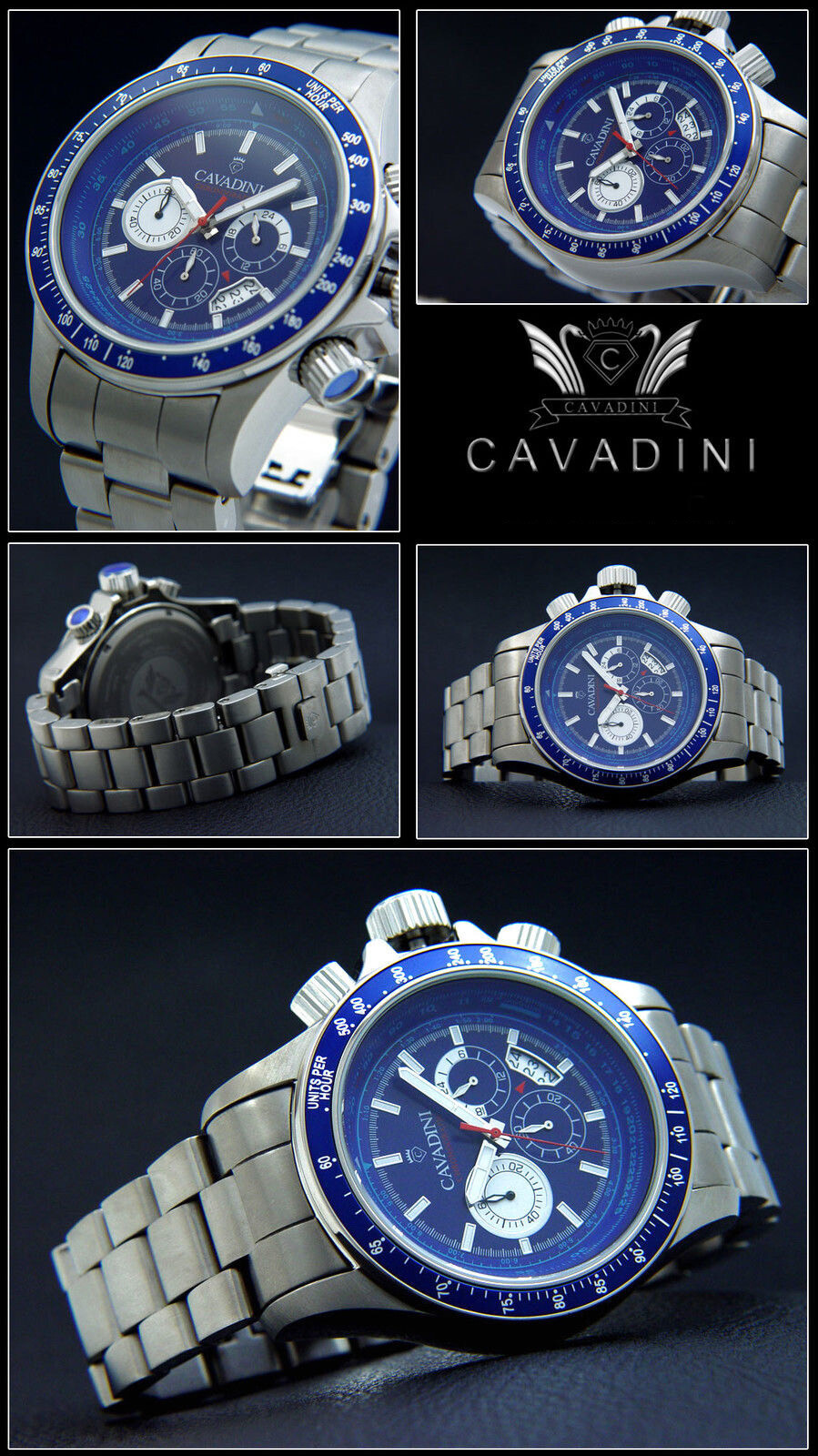 Solid Titanium Chronograph CAVADINI Sport Azure Jumbo 50mm CV-1260 Screw Crown