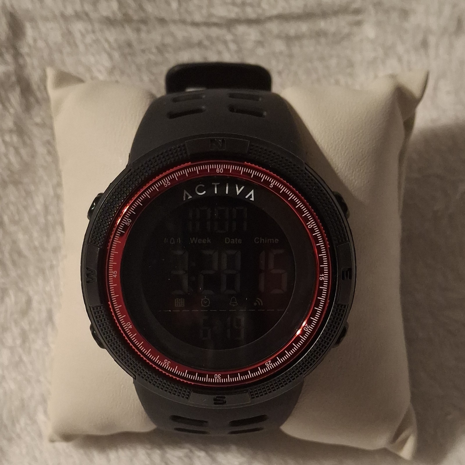 Activa Digital Quartz Sport Wristwatch Black Rubber Strap Red Bezel Box Manual