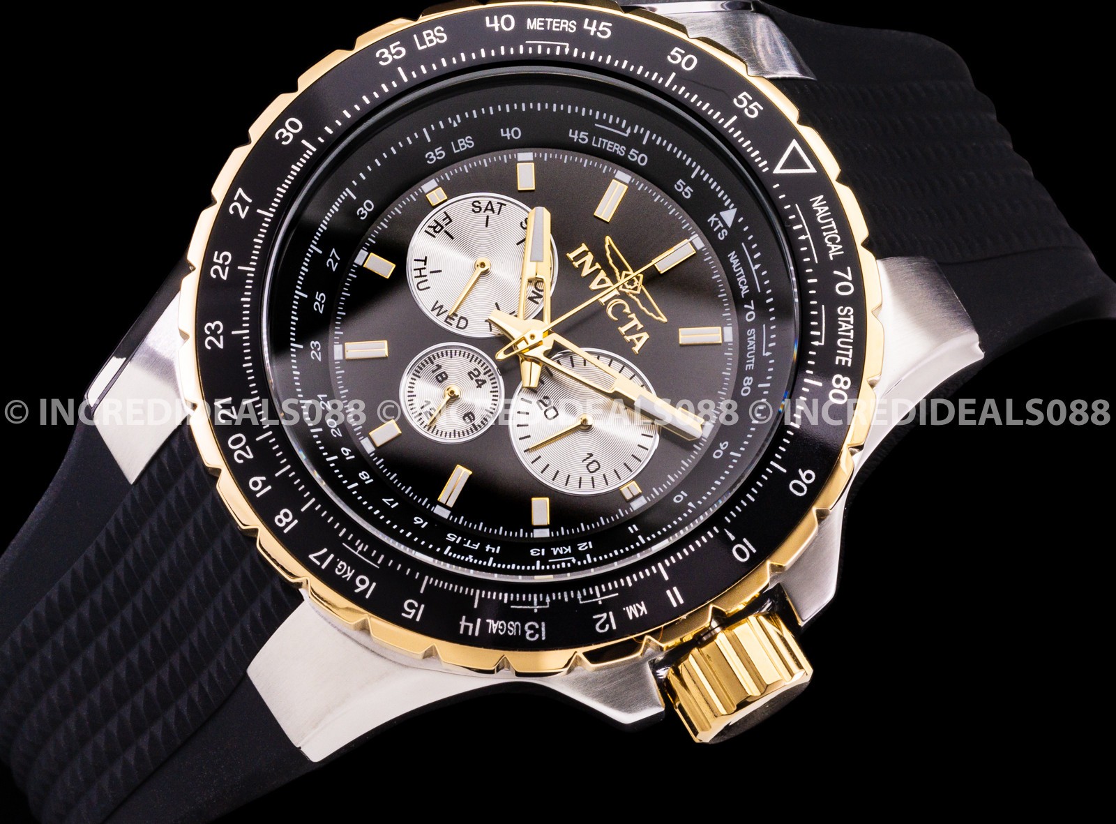 Invicta Men AVIATOR Silver 18 Gold Bezel Black Dial Strap Multi Function Watch