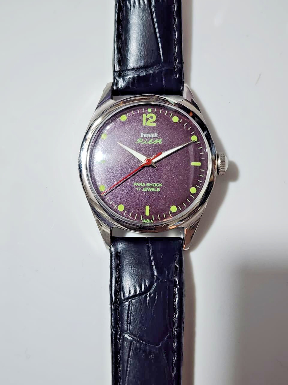 Rare HMT Pilot Purple Sunburst Dial 17 Jewels Mechanical Hand Winding Watch Ind