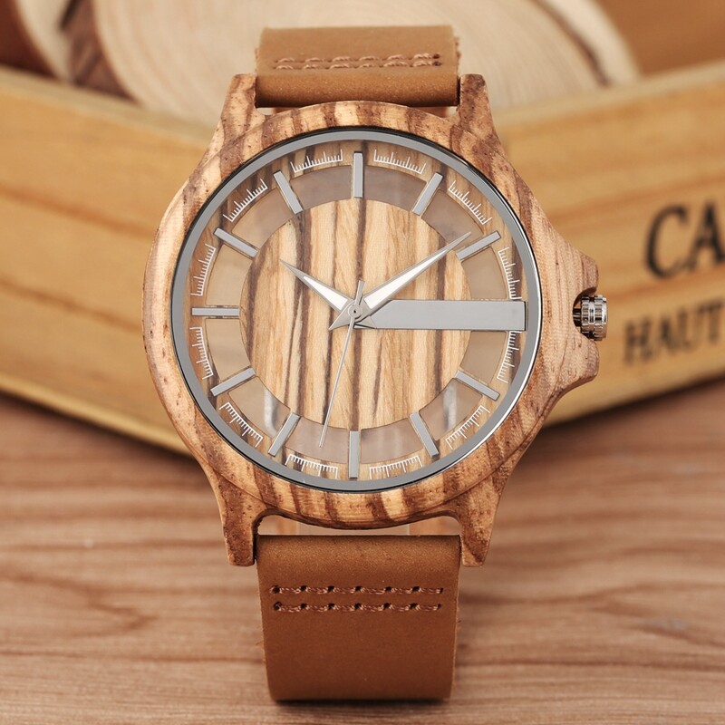 Modern Natural Wood Men’s Sport Quartz Wrist Watch Black Brown Leather Band Gift