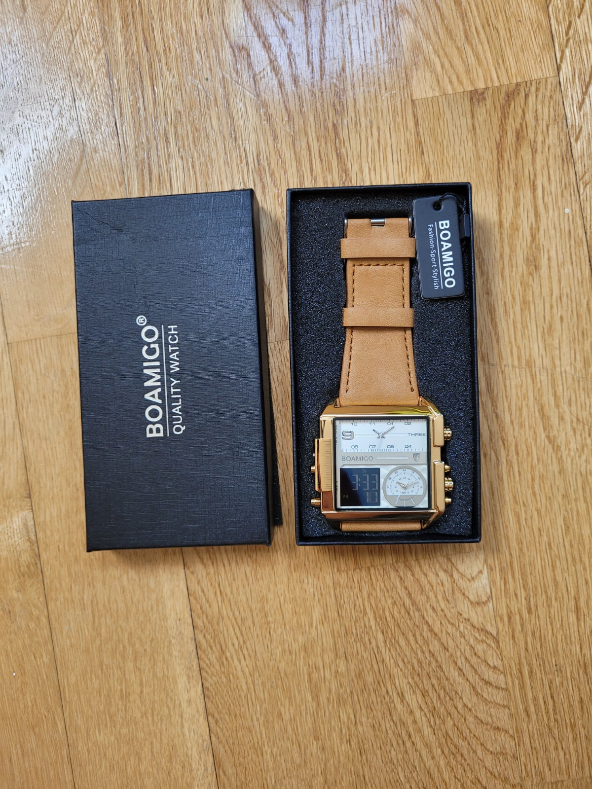 BOAMIGO Big Square Dial 3 TimeZone Stylish Watch For Men