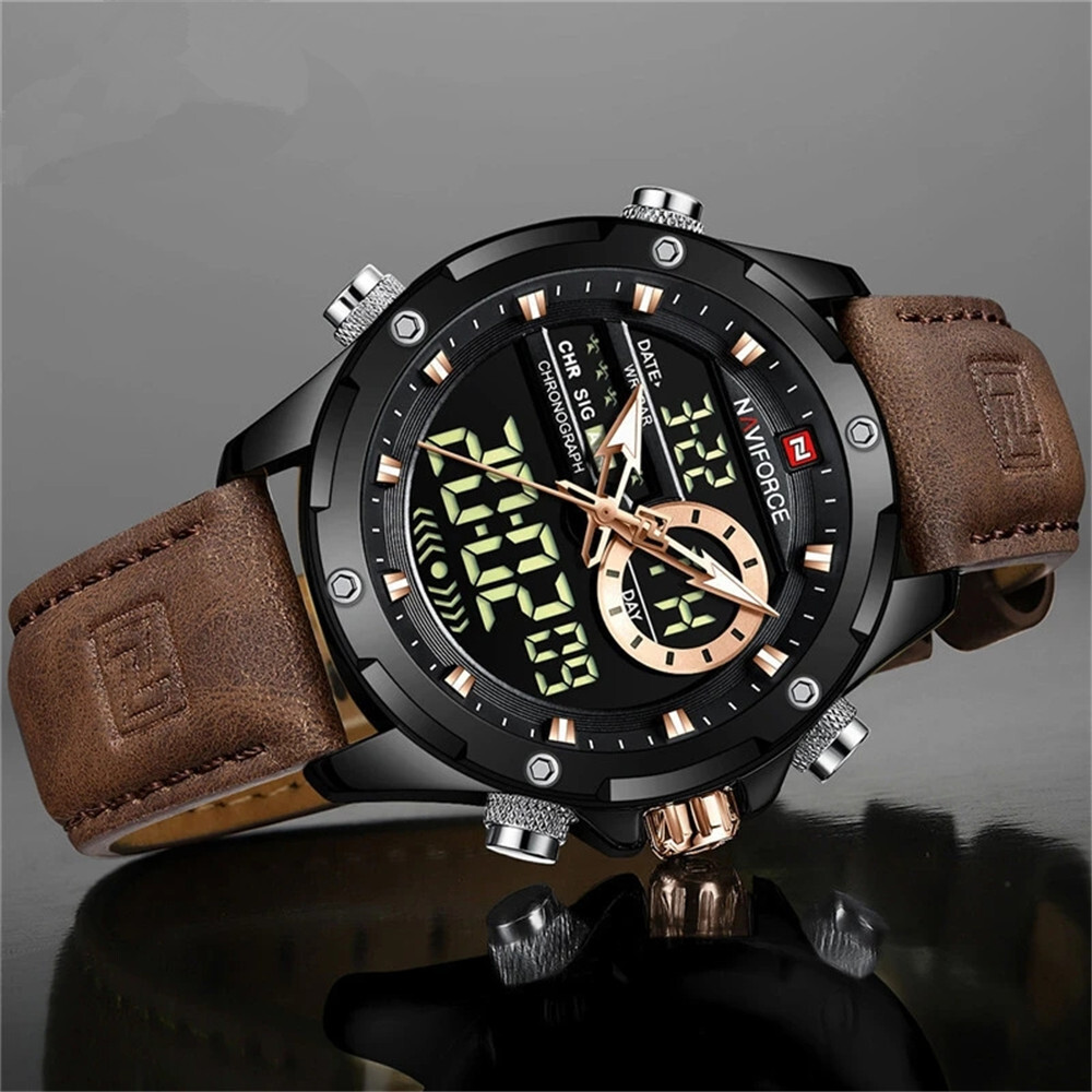 NAVIFORCE Men Digital Watch Chronograph Quartz Wristwatch LED Alarm Sport Watch