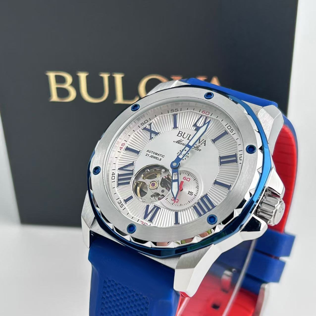 Bulova Marine Star 98A225 White Dial+Blue Rubber Strap Men’s Automatic Watch New