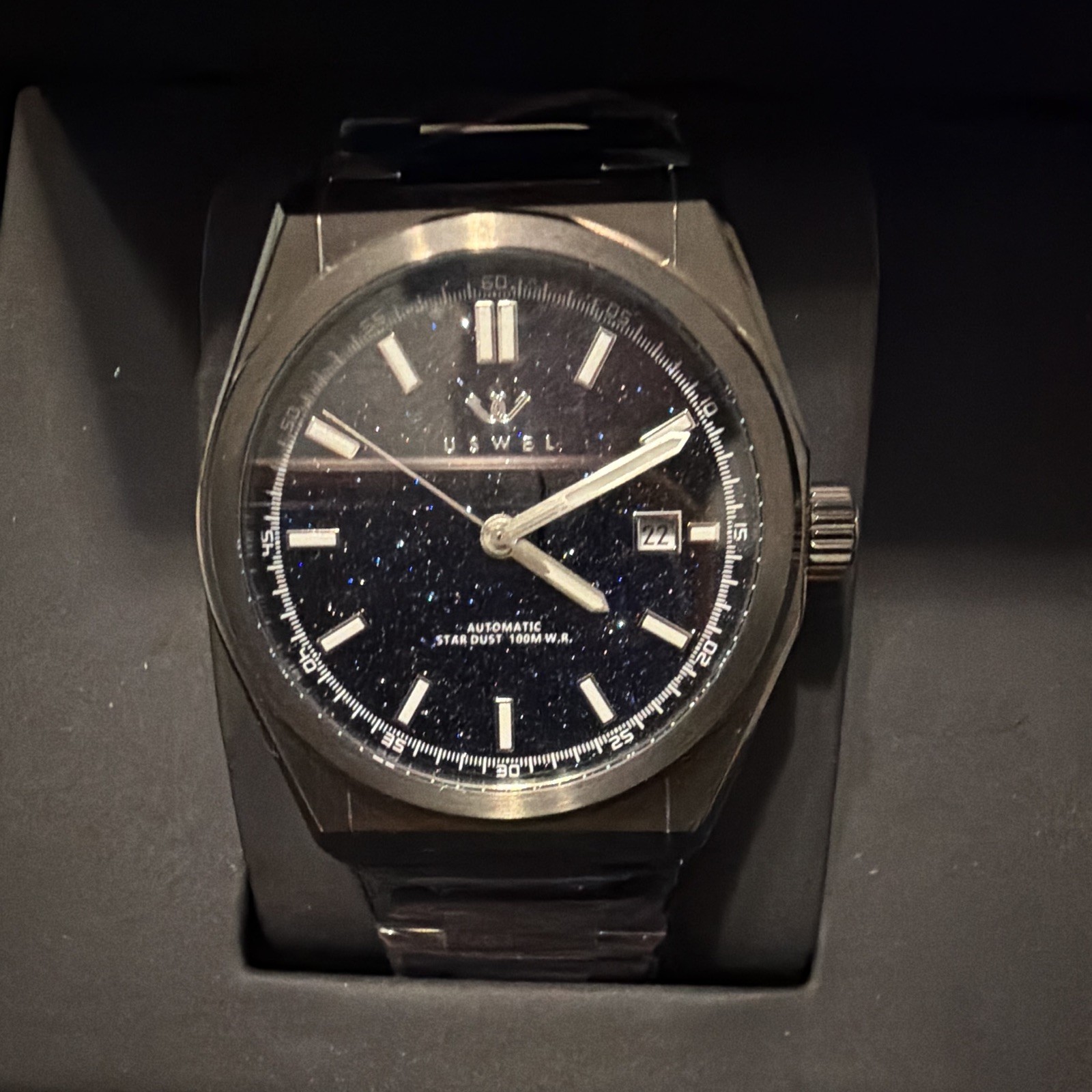 Uswel Star Dust 21J Automatic Watch 100m Stardust Dial Date Exhb Back Box