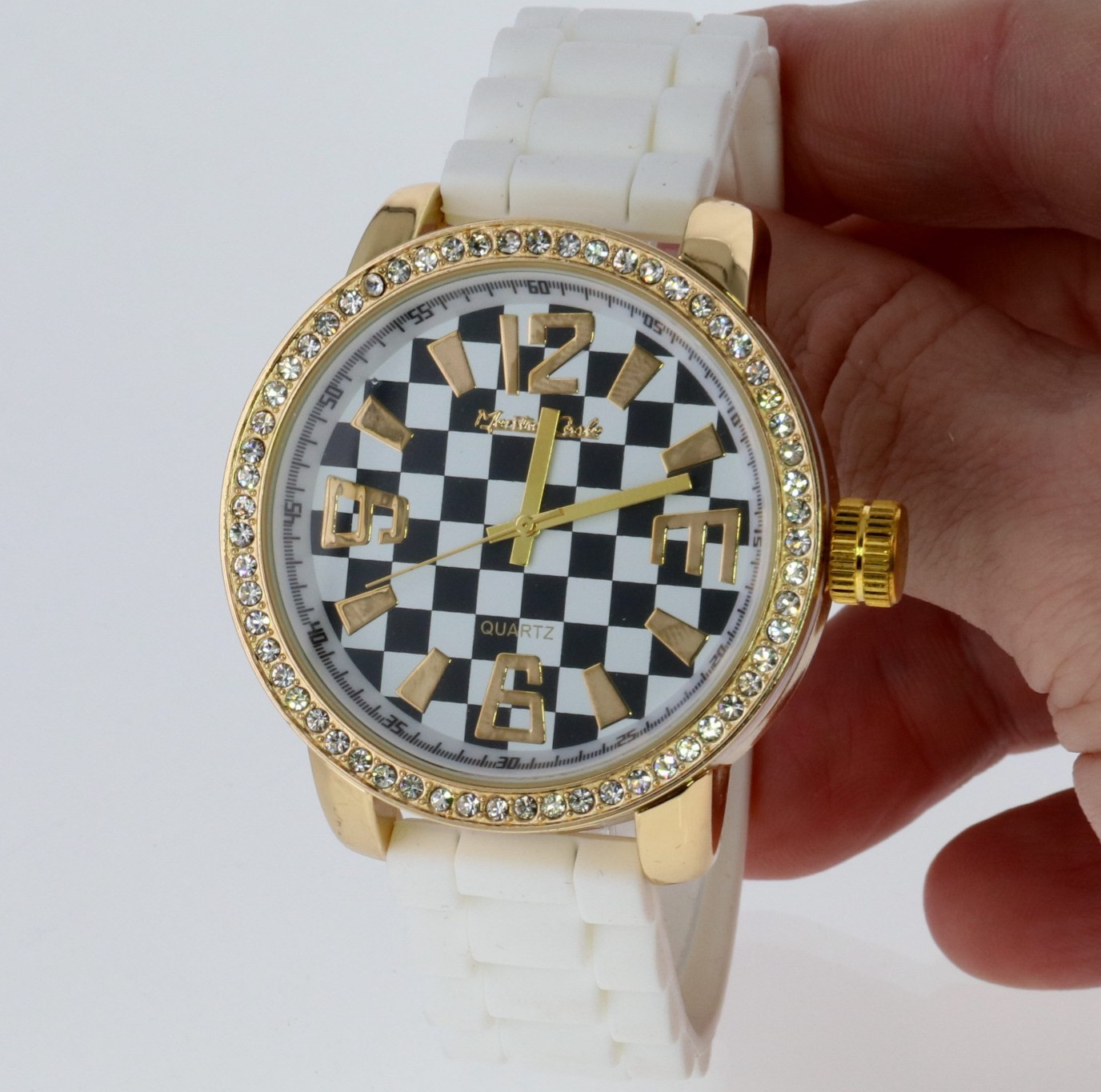 Montres Carlo Two Tone Chess Print Rhinestone on Bezel Watch Faux Leather Band