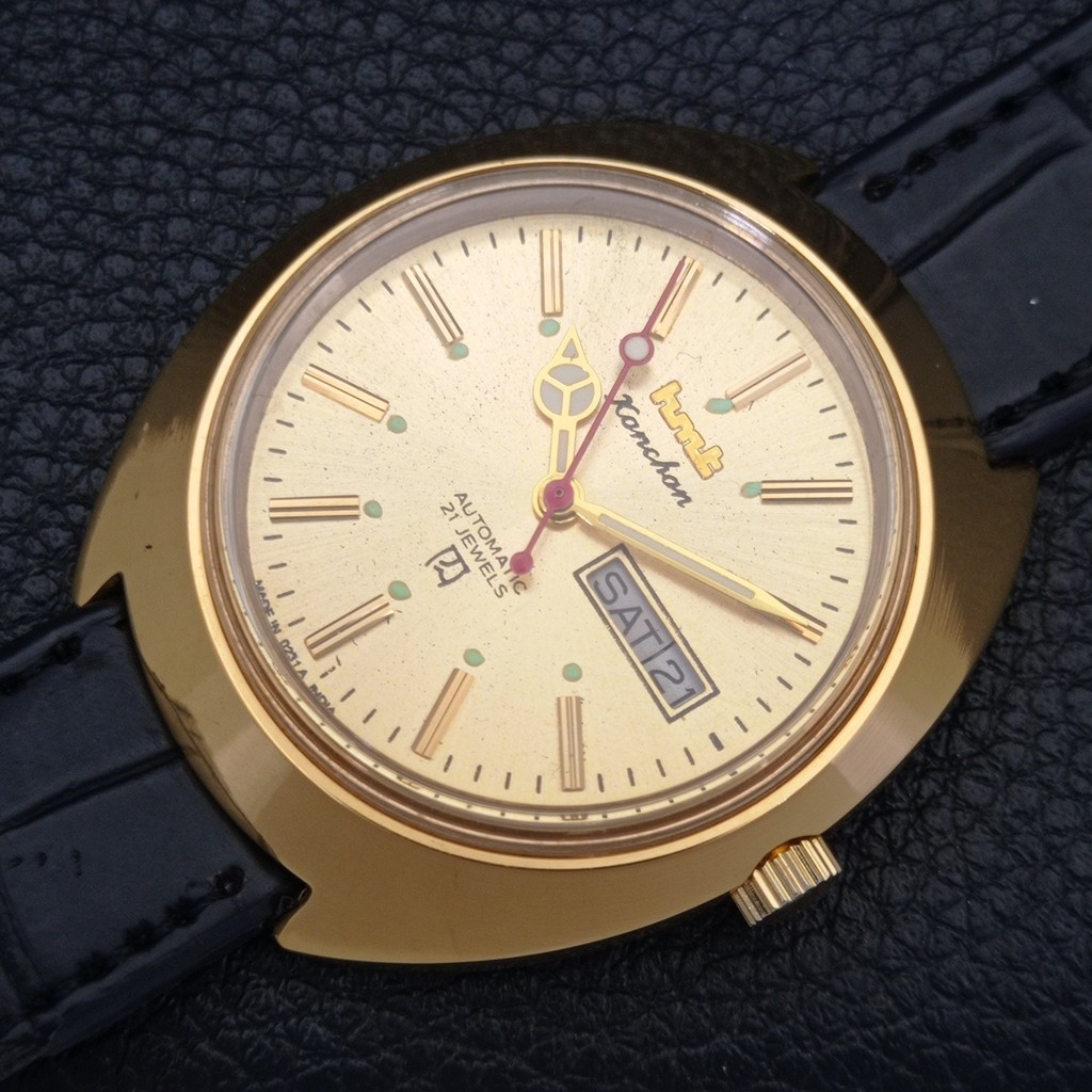 VINTAGE HMT KANCHAN 6501 AUTOMATIC INDIAN MENS GOLDEN COLOR DIAL WATCH a440939-1