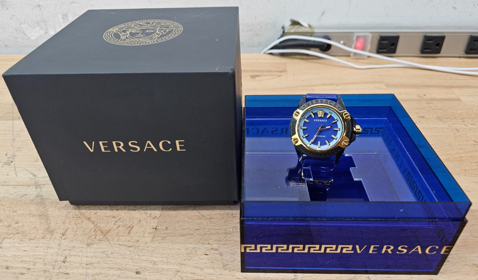 Versace Icon Active Indiglo Quartz Watch, Polycarbonate, Blue 43mm, VE6E00323