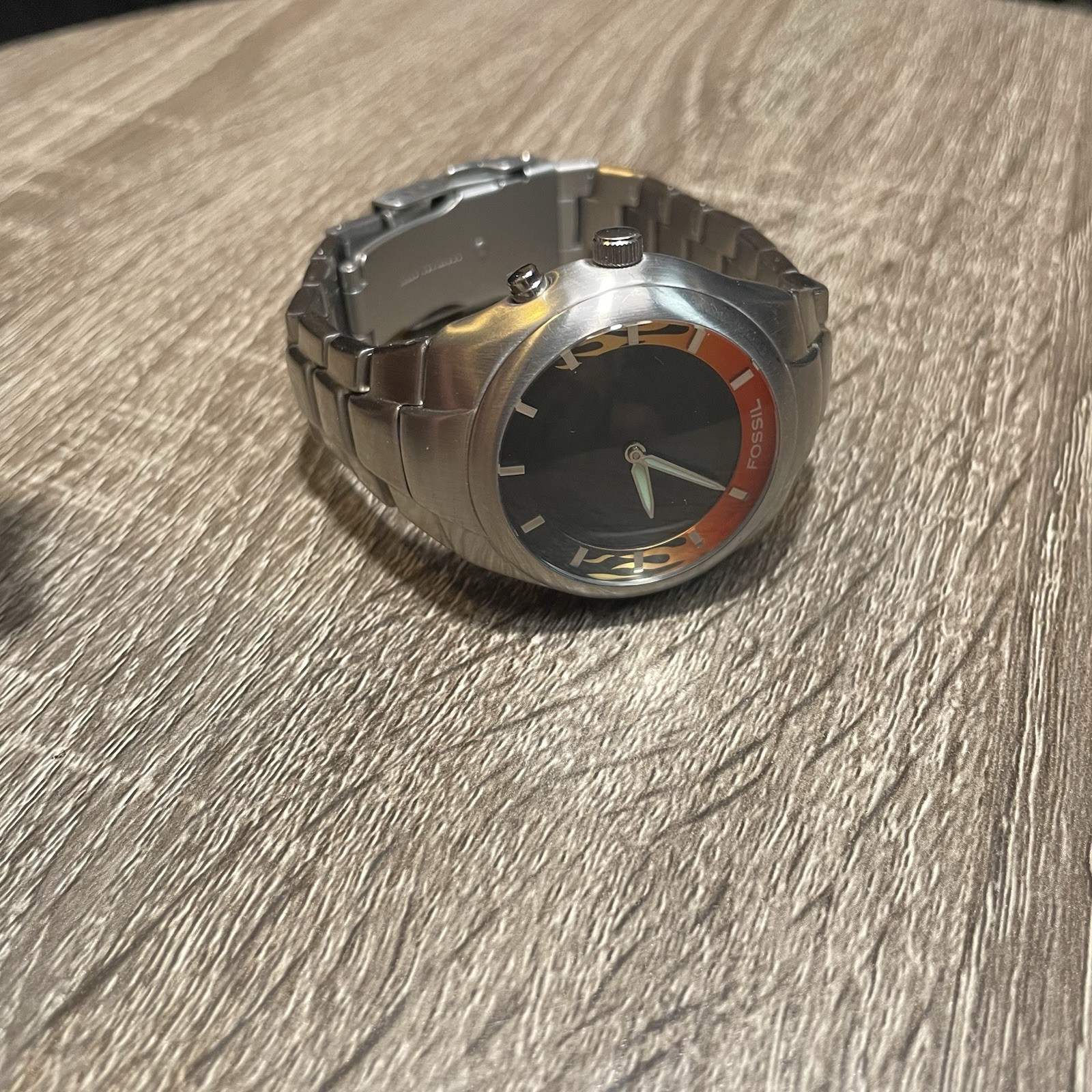 Fossil Big Tic JR-8115 Red Flame Dial Quartz Watch Stainless Steel