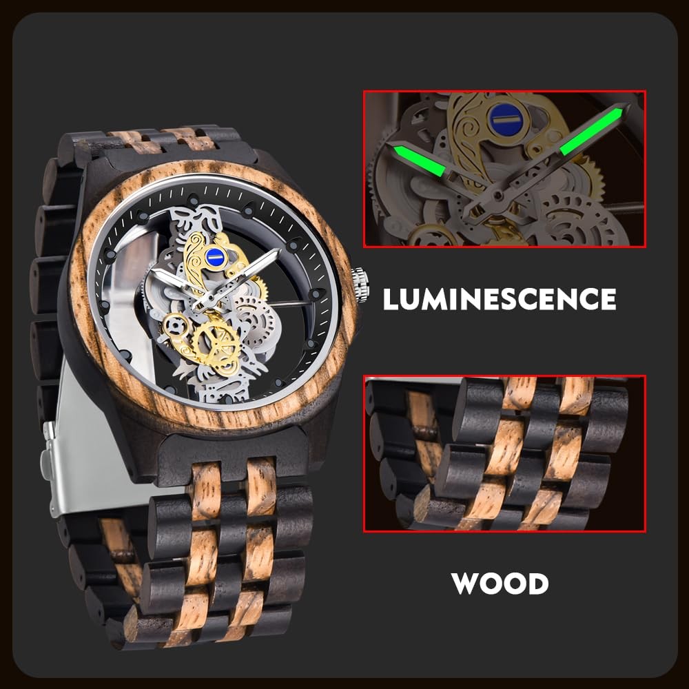 Dentily Men’s Hollow Analog Wooden Watch Retro Gear Carving black&brown