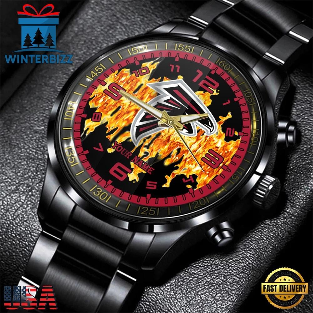 Custom Name Atlanta Football Team Falconss 3D Men Black Stainless Steel Watch
