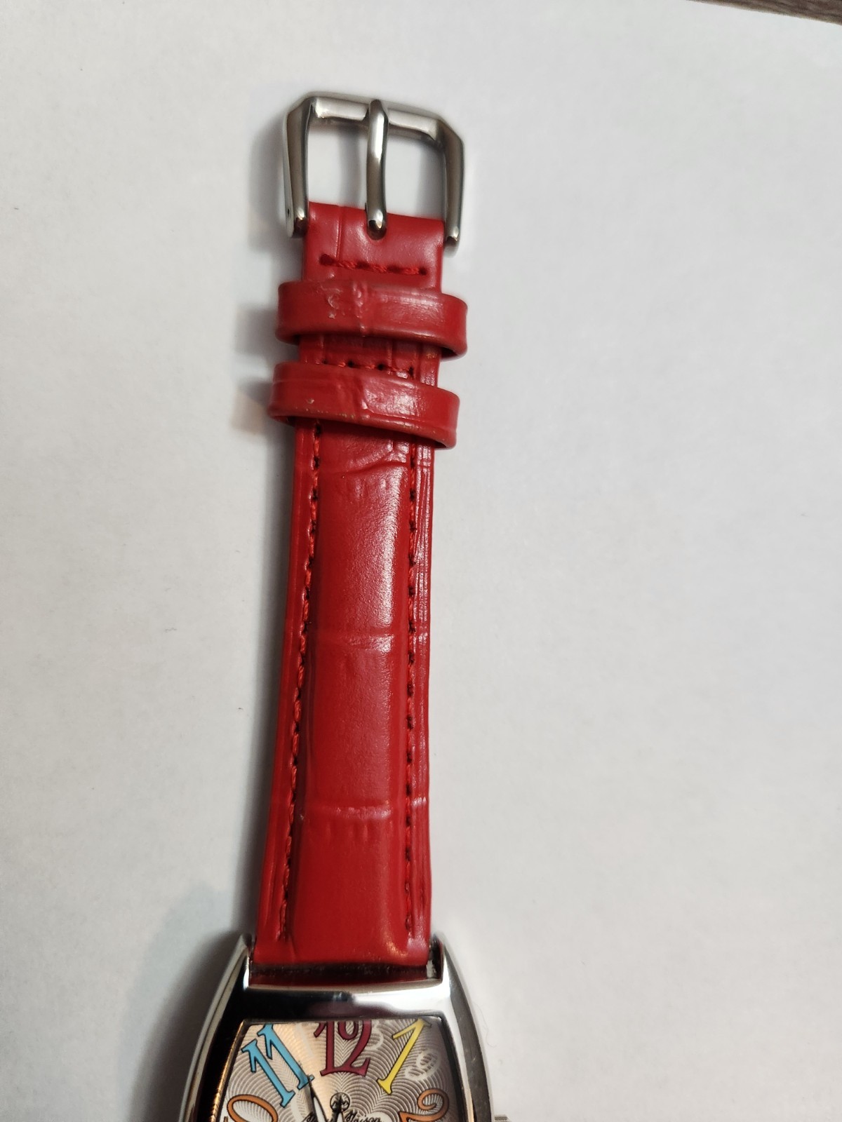 Mary Maison G-1030 Quartz Tonneau Colors Watch White/Multicolor Dial Red Leather