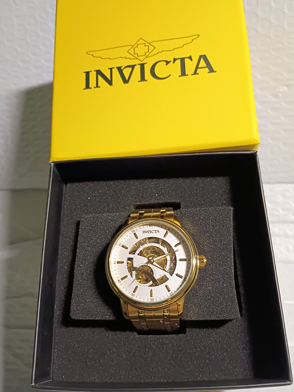 13- Invicta Objet D Art 69120 Automatic Skeleton Dial Watch – 42.5mm Gold NEW