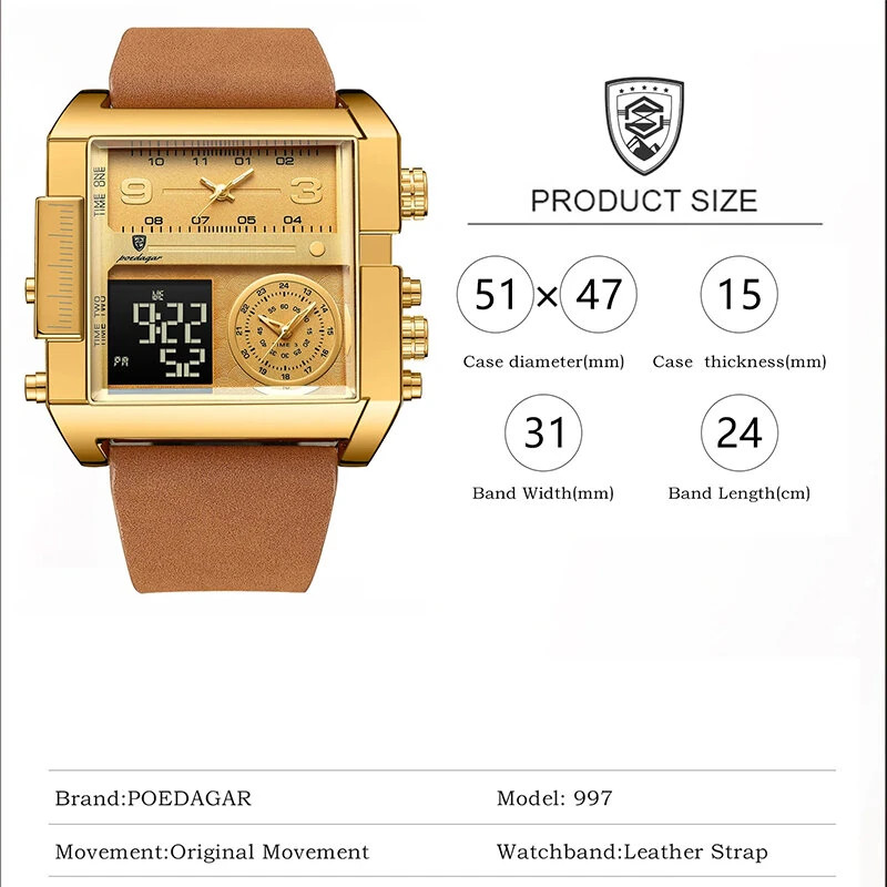 POEDAGAR Luxury Men Quartz Watch Fashion Rectangle Sport Watch Waterproof Multif