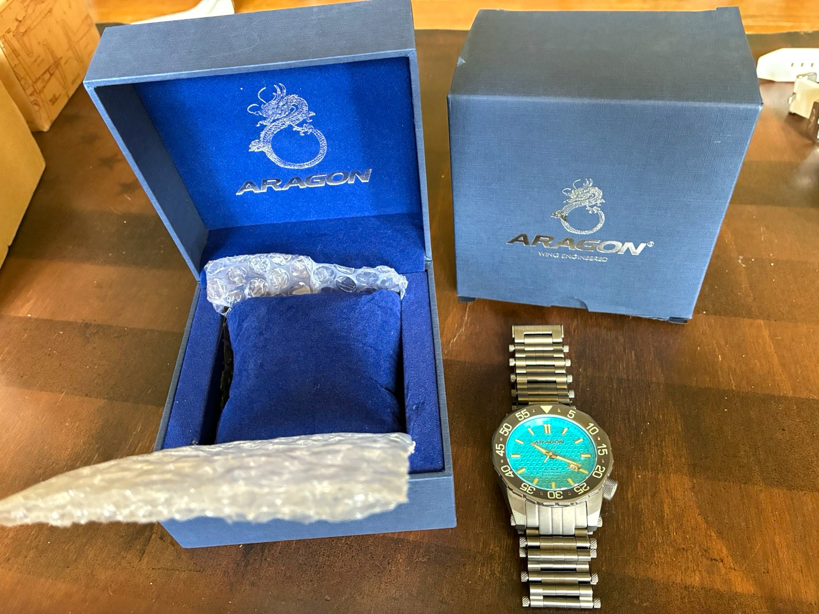 ARAGON Diver Automatic 50mm Blue Dial Black Bezel Gray Bracelet Box Papers
