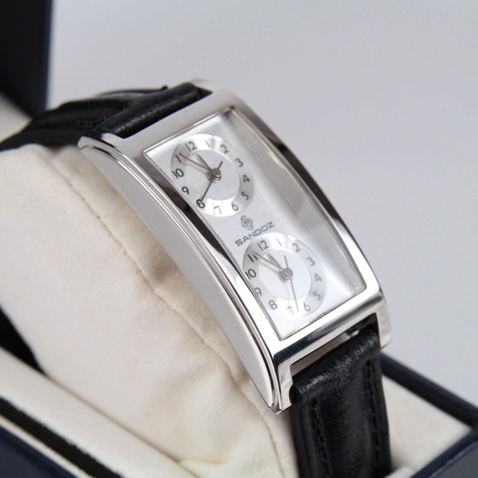 SANDOZ Dual Time Quartz Men’s Watch Silver Dial 22 x 36mm w/Original Box