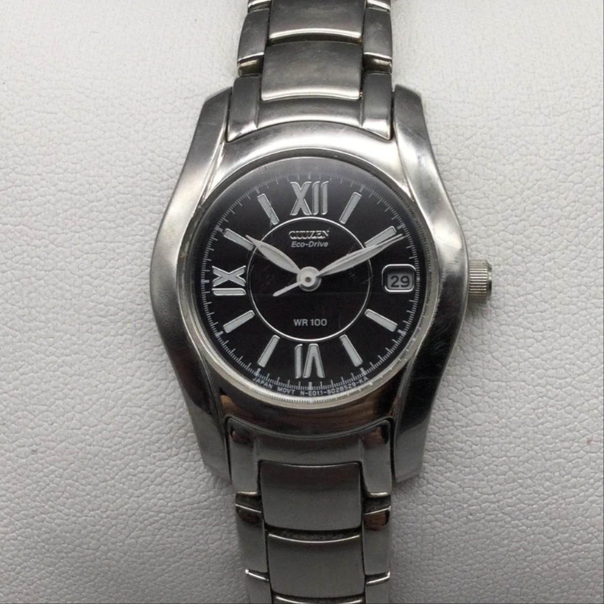 Citizen Eco-Drive WR 100 Womens Watch 25mm Black Dial Date Stainless Bracelet 6″
